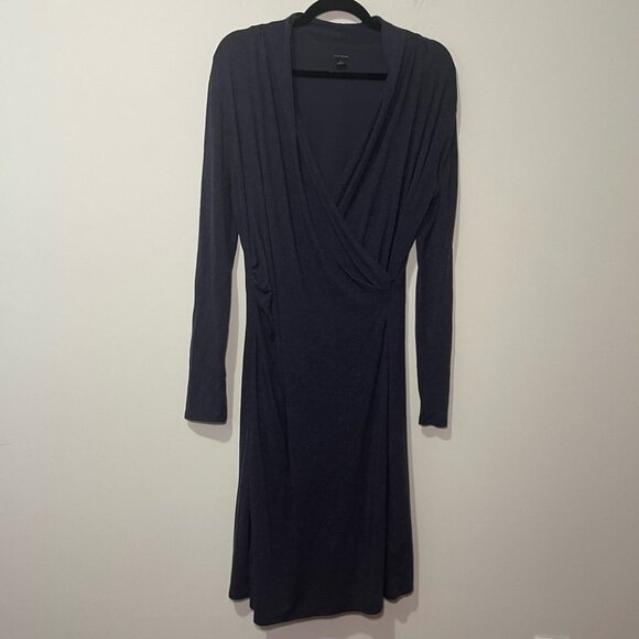 Ann Taylor Navy Blue Jersey Knit Long Sleeve Faux Wrap wool blend Dress Size 14 - Picture 1 of 7